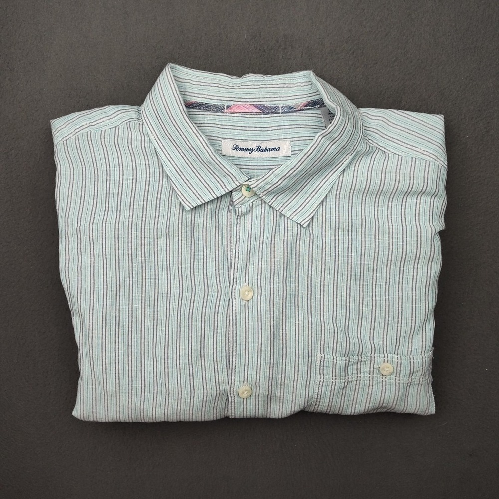 Tommy Bahama Shirt Mens Large Blue Stripe Linen Button Up Flip Cuff Islandzone